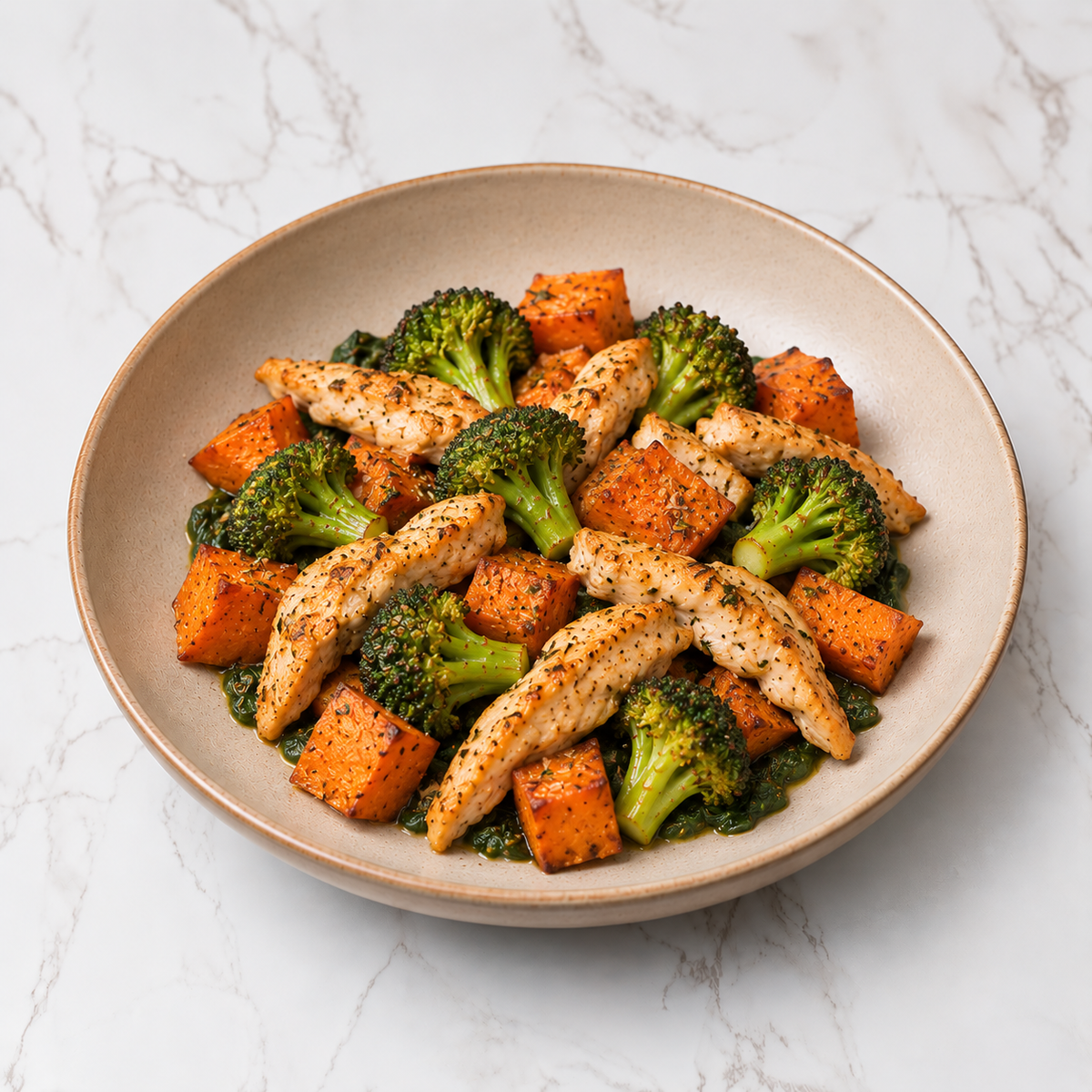 Patate americane con straccetti di pollo su crema di spinaci e broccoli ripassati