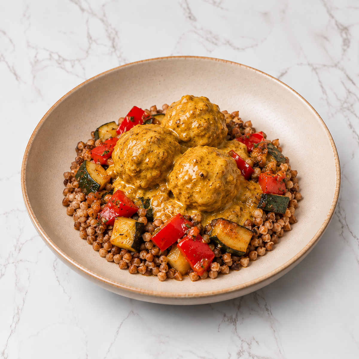 Polpette di pollo al curry con la sua salsa, su letto di grano saraceno e caponatina
